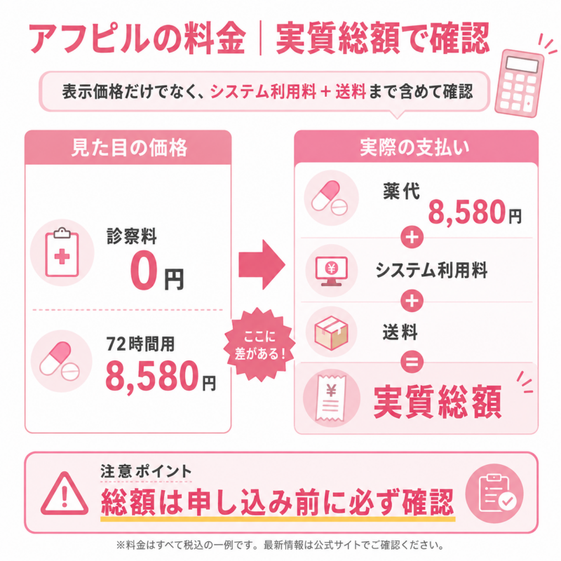 アフピルの料金は、表示価格だけでなくシステム利用料と送料を含む実質総額で確認すべきことを示した図。