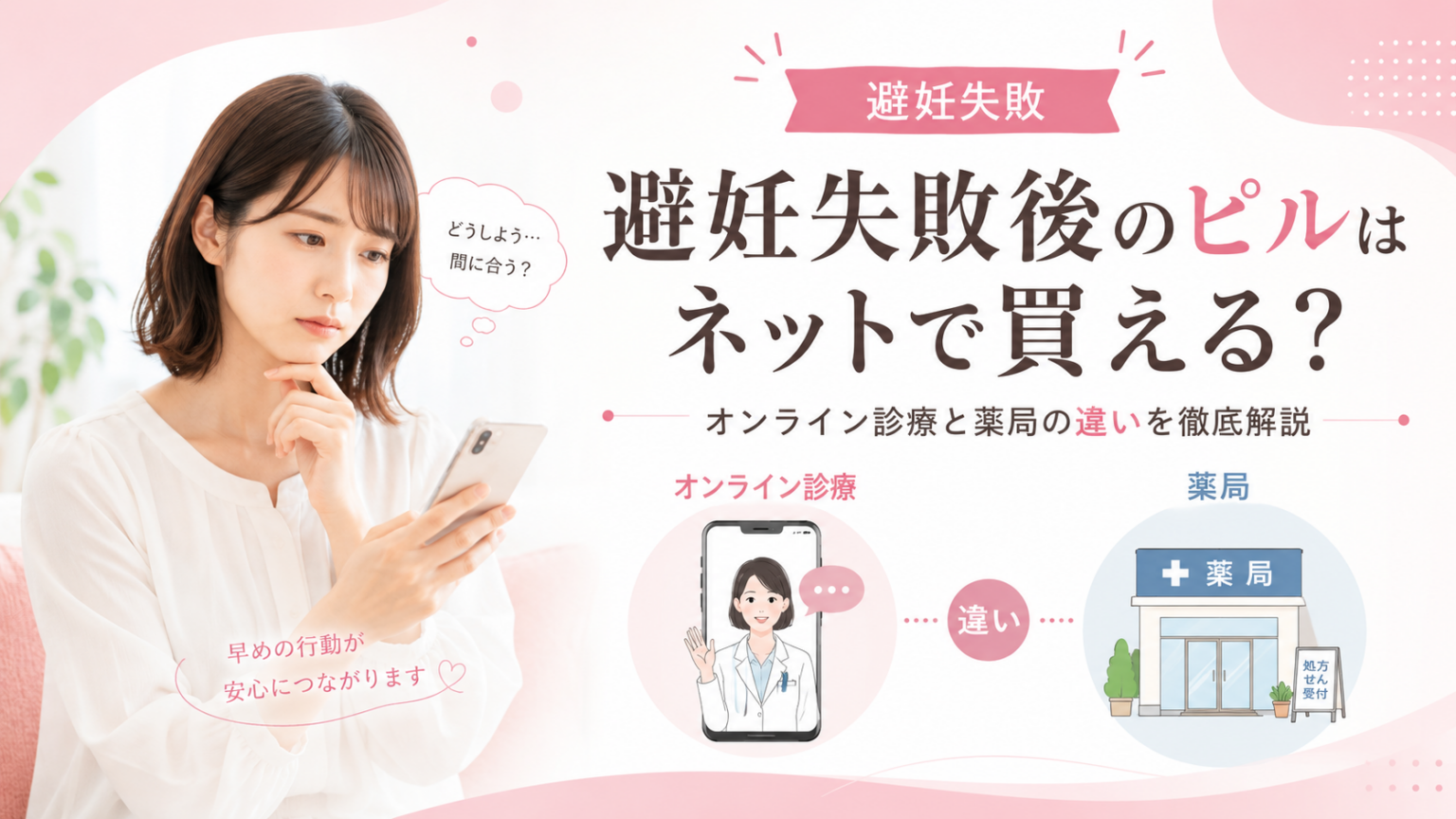 避妊失敗後のピルをネットで入手できるか、オンライン診療と薬局の違いを比較したアイキャッチ画像。