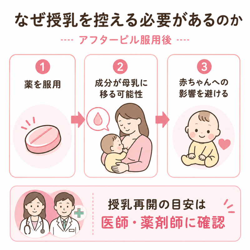 アフターピル服用後に薬の成分が母乳へ移る可能性があり、授乳再開時期の確認が必要なことを示した図。