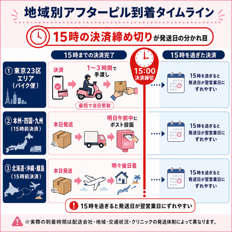 地域別にアフターピルの到着目安を比較したタイムライン図。東京23区は当日配送オプションで最短1〜3時間、本州・四国・九州は締切前の決済で翌日、北海道・沖縄・離島は翌々日になる場合があることを示している。