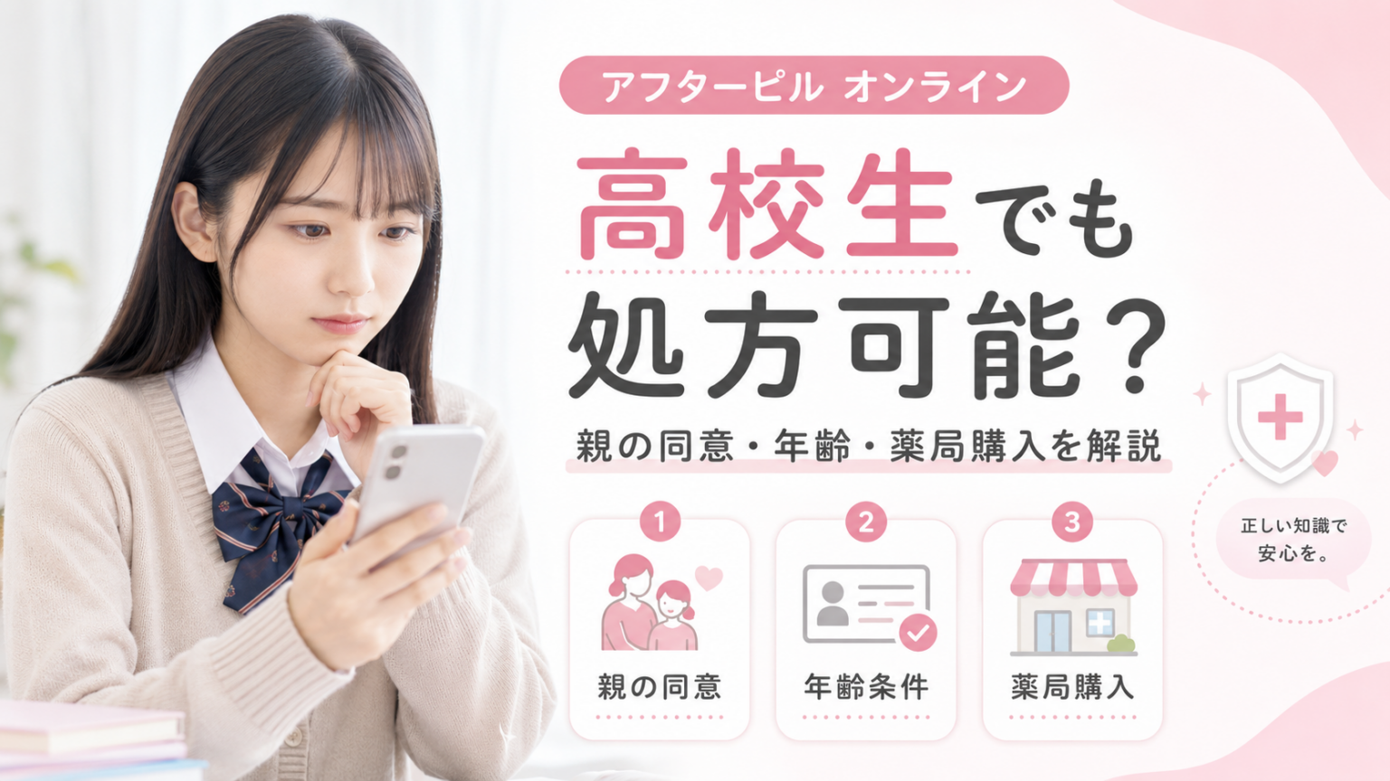 高校生でもアフターピルをオンラインで処方してもらえるか、親の同意・年齢条件・薬局購入の違いを解説したアイキャッチ画像。
