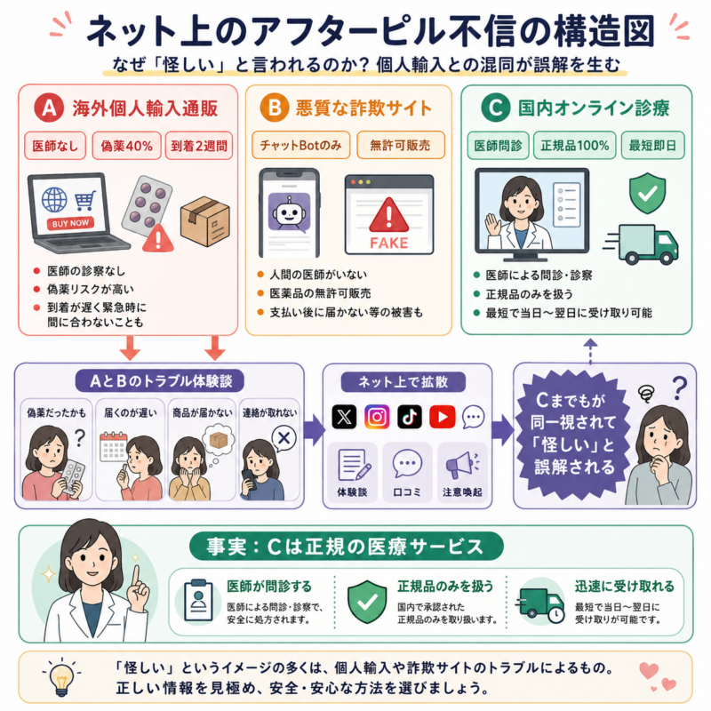 アフターピルが「怪しい」と誤解される理由を、海外個人輸入通販・悪質な詐欺サイト・国内オンライン診療の違いと、ネット上で不信感が拡散する流れで比較した構造図。