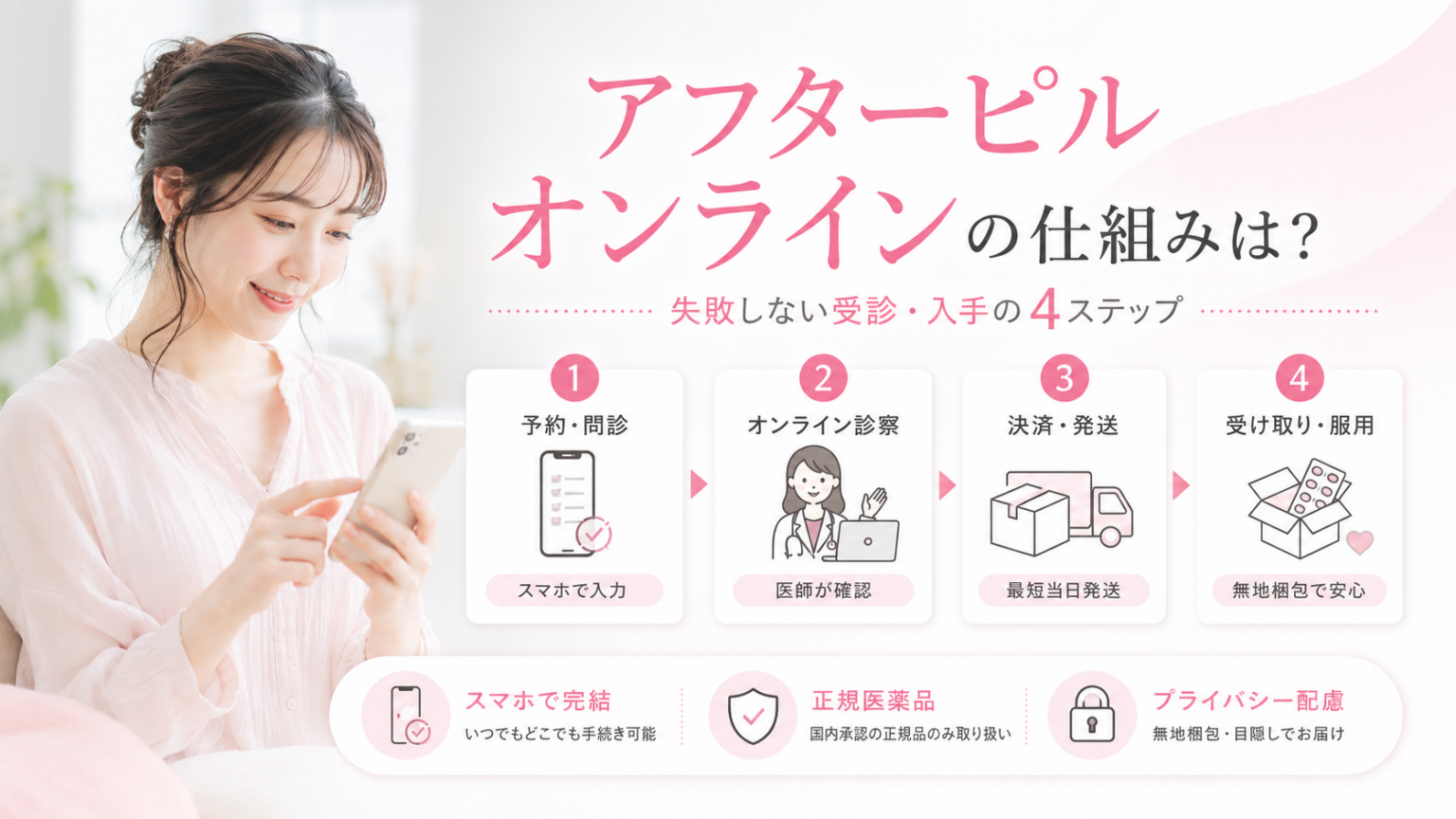 アフターピルオンラインの仕組みを、予約・問診、オンライン診察、決済・発送、受け取り・服用の4ステップで示した図解。
