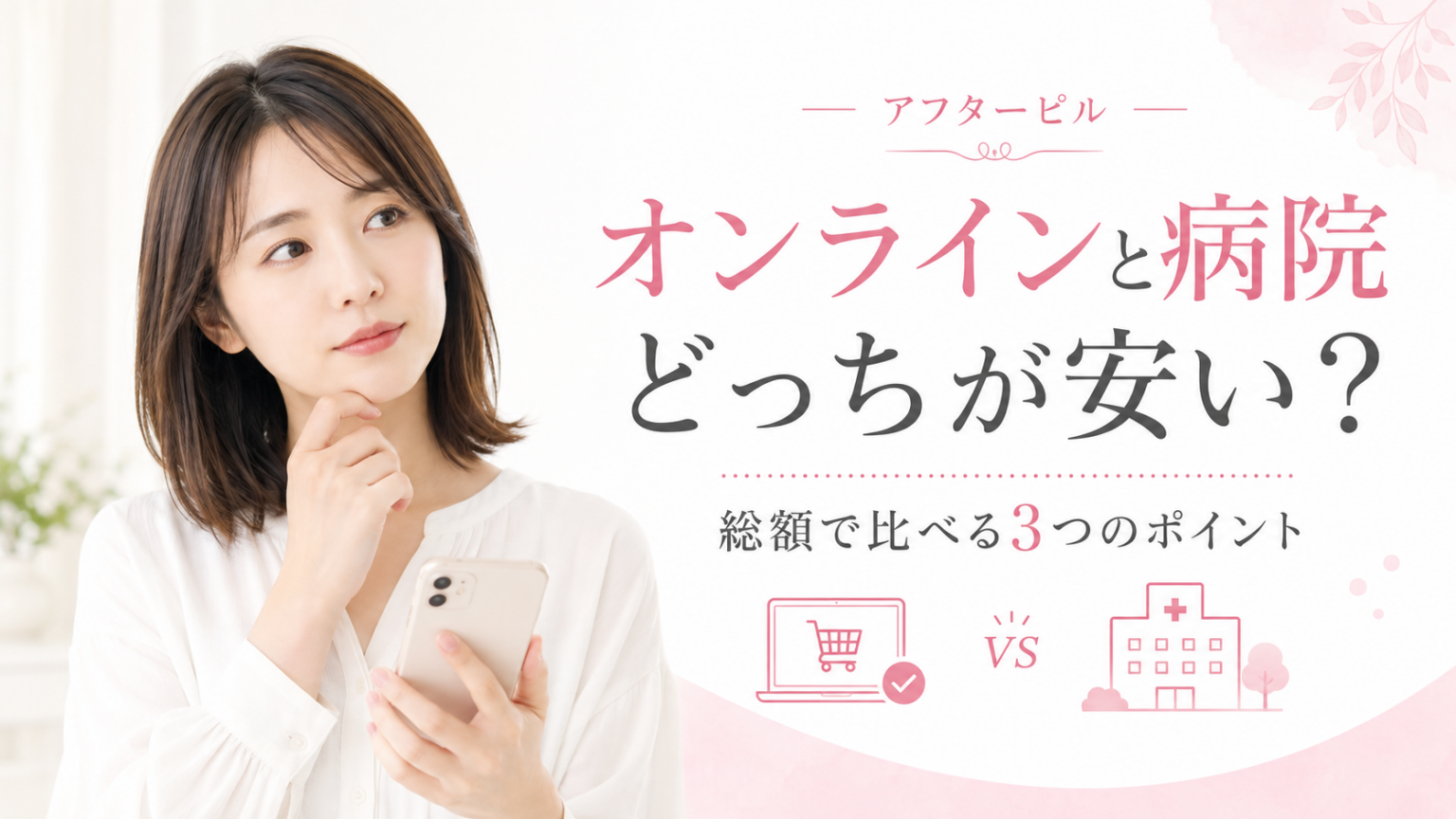 アフターピルはオンラインと病院どっちが安いかを、総額で比べる3つのポイントとともに示したアイキャッチ画像。