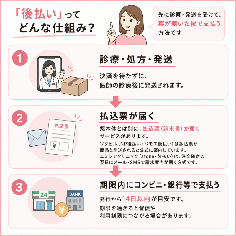 アフターピルの後払いで、診療・発送後に請求案内を受けて期限内に支払う流れを示した図。