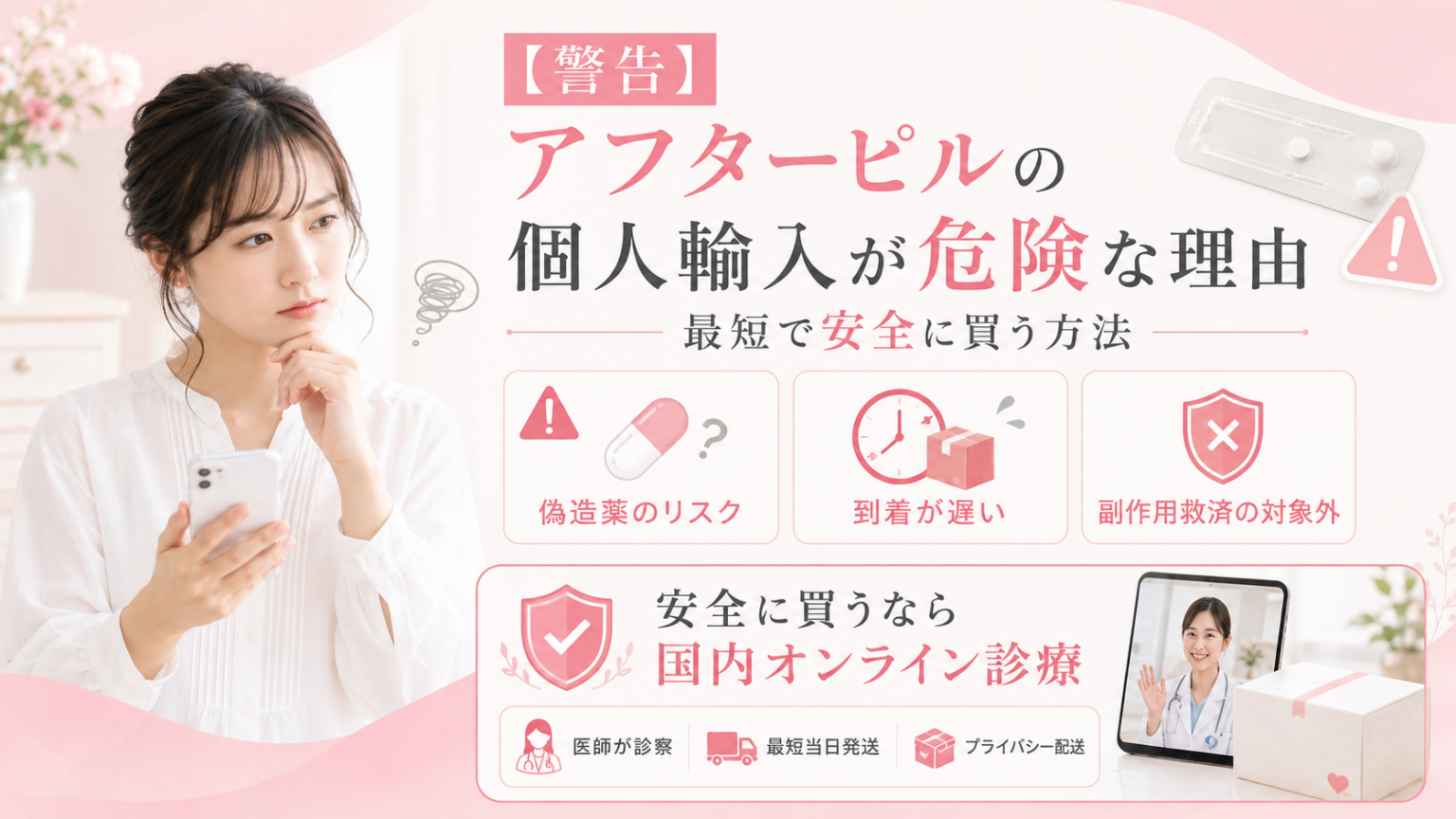 アフターピルの個人輸入が危険な理由を、偽造薬・到着遅延・副作用救済の対象外という3つのリスクと、国内オンライン診療で安全に入手する方法で解説した図解。