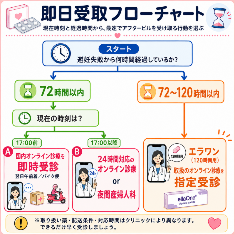 アフターピルを即日受け取るための行動を、避妊失敗からの経過時間と現在時刻で分岐し、対応薬局・オンライン診療・夜間産婦人科の受診先を示したフローチャート。
