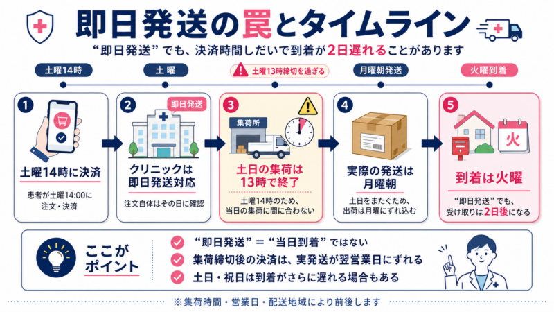 アフターピルの即日発送と到着日の違いを示す図解。土曜14時の決済は集荷締切後となり、実際の発送が月曜朝、到着が火曜になるケースをタイムラインで解説。