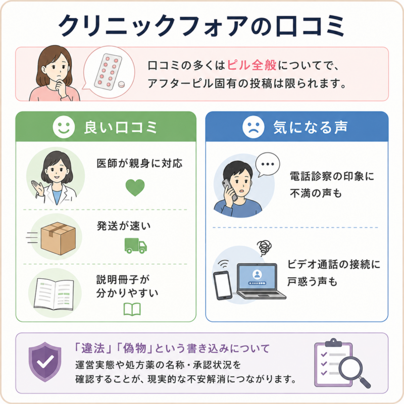 クリニックフォアの口コミ・評判を、医師対応や発送の良さと診察方法の気になる声で整理した図。