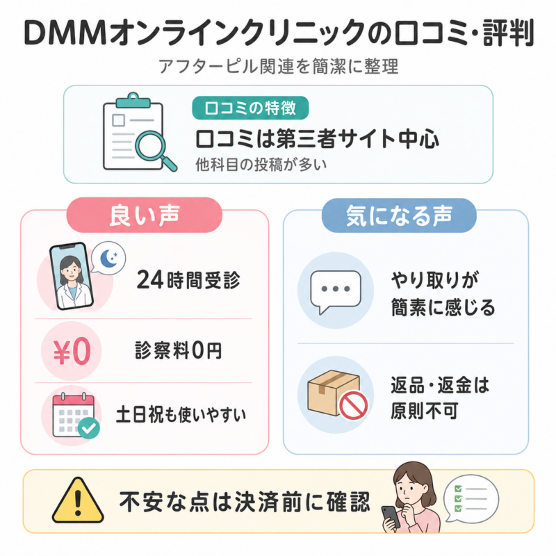 DMMオンラインクリニックの口コミ・評判を、24時間受診や診察料0円の良い声と、診療の簡素さなどの注意点で整理した図。