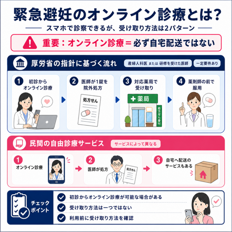 緊急避妊のオンライン診療の仕組みを解説した図解。厚労省の指針に基づく薬局受け取り・薬剤師面前服用と、自由診療サービスの自宅配送の違いを比較。