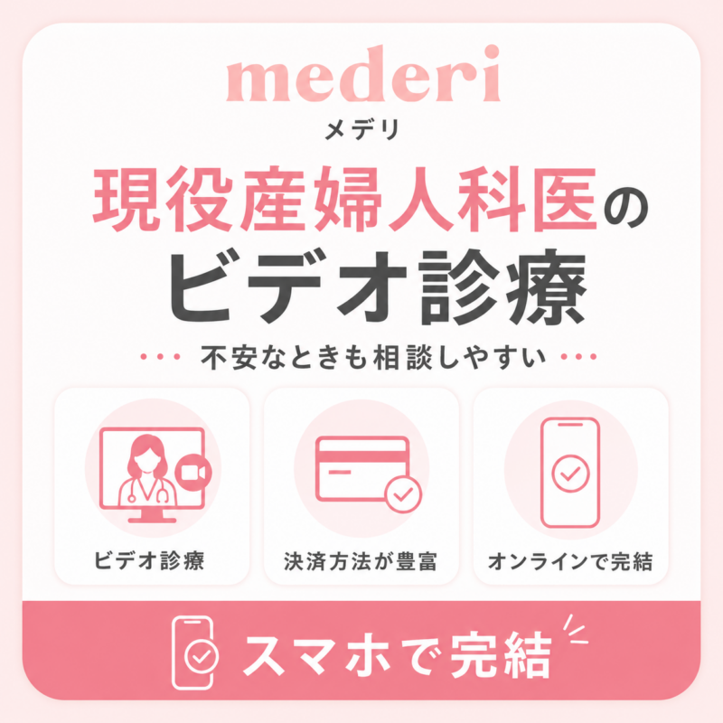 メデリのアフターピルオンライン診療を紹介する画像。現役産婦人科医によるビデオ診療、豊富な決済方法、スマホで完結できる点を掲載。