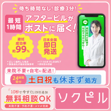 ソクピルのアフターピルオンライン診療を紹介する画像。24時間受付と対象地域の特急配送に対応し、受取時間を重視する選択肢として案内。