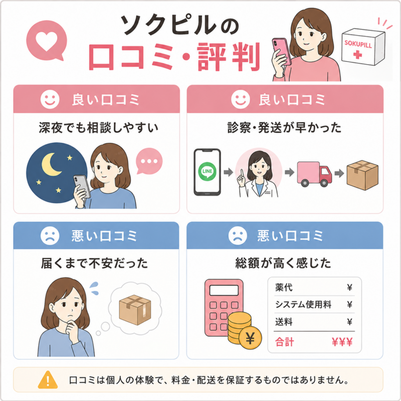 ソクピルの口コミ・評判を、相談のしやすさ・発送の速さ・到着不安・総額で整理した図。